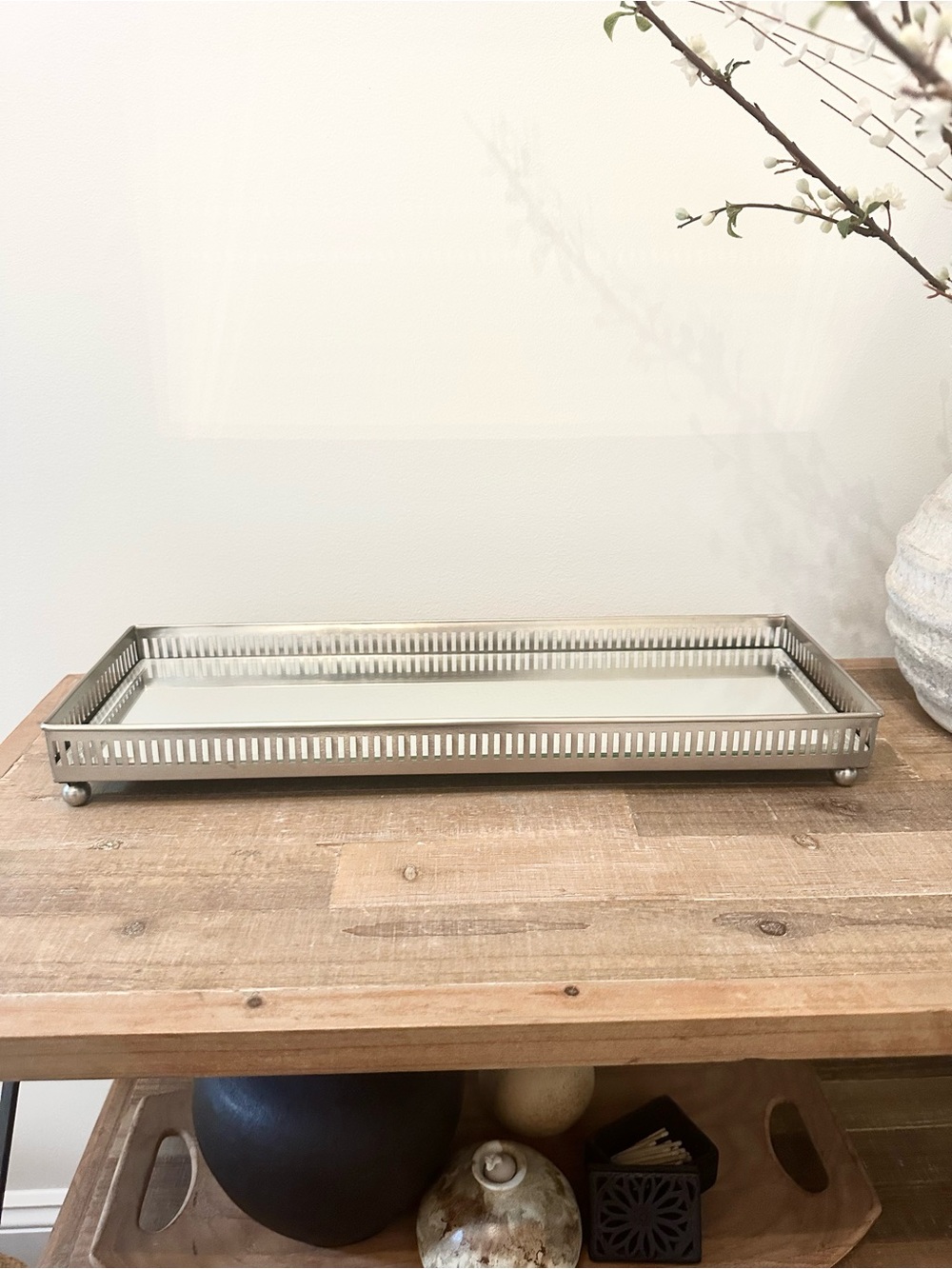 Potterybarn Long Silver Toned Mirror Vanity Tray Pierced Gallery Rim Ball Feet